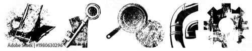 Set of mechanical including slide ramp, key with magnifier, frying pan, pipe elbows, and gear, rendered in gritty halftone style, isolated vector foreground.