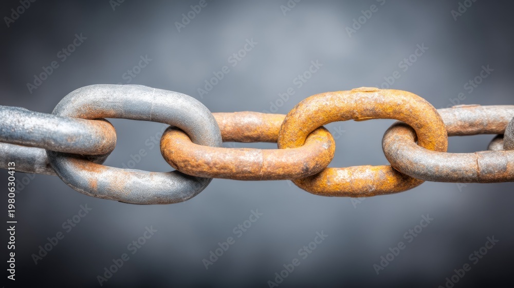 Fototapeta premium Close-Up View of Strong Metal Chains Featuring Identical Links and Rust