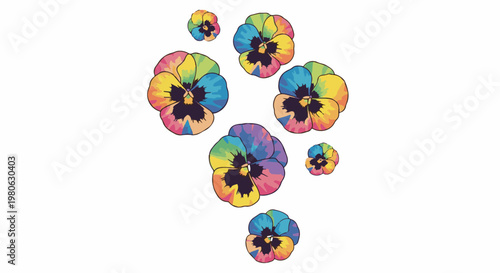 Seven colorful pansies with dark centers scattered on a white background