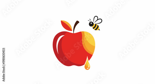 Stylized apple with a bee and dripping juice on a white background