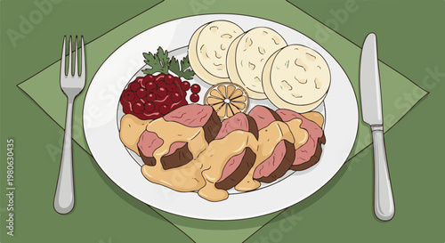 Sliced meat dish with dumplings, cranberries, and orange slice on plate