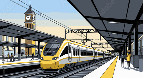 Modern train arriving at a sunny station with a clock tower in background