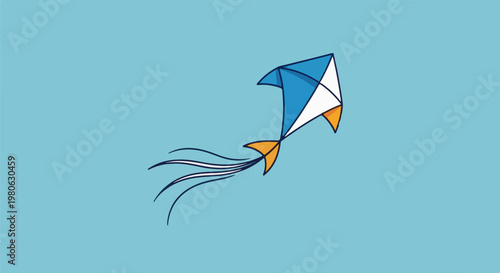A blue, white, and orange kite with streamers flies against a solid blue sky