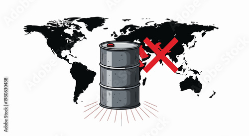 Oil barrel on world map with red cross marking Asia