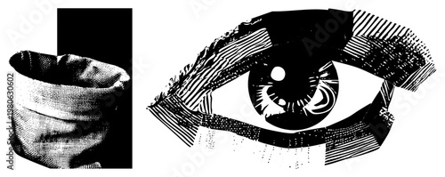 Graphic vector art of stylized eye with halftone shading, coffee sack texture, design, isolated elements, glyph style, artistic render.