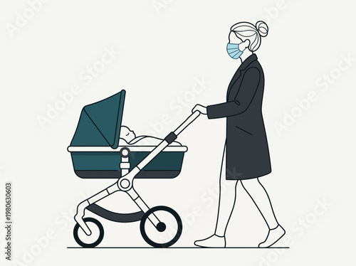 Minimalist Line Drawing of a Mother Wearing a Protective Face Mask Pushing a Baby Stroller, Concept of Parenting During Pandemic and Public Health Safety
