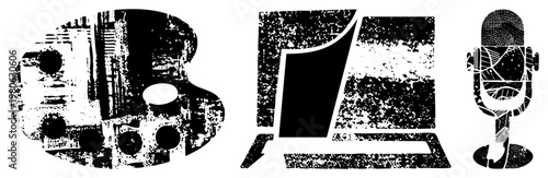 Retro styled featuring typewriter, laptop, and microphone with gritty texture, design, digital tools, graphic elements, vector art.