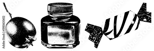 Classic halftone illustration of a kiwi, ink bottle, and candy wrapper, vector graphic, retro stylized, isolated design elements.