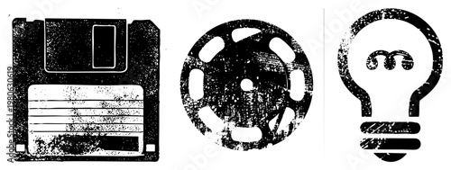 Vintage tech symbols representing data storage, film, and innovation, stylized with distressed texture, black and white vector.