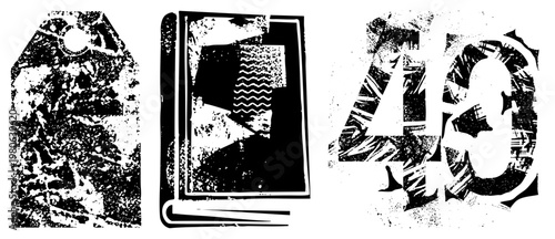 Distressed black and white including price tag, book, and number 43 with gritty texture, retro design, graphic elements.