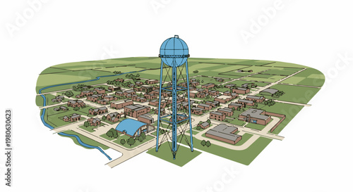 Bird's eye view of a town with a tall blue water tower and surrounding green landscape