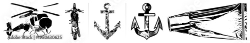 Black and white stylized including helicopter, motorcycle, anchors, and bottle, graphic design elements, flat vector art, nautical and aviation motifs.
