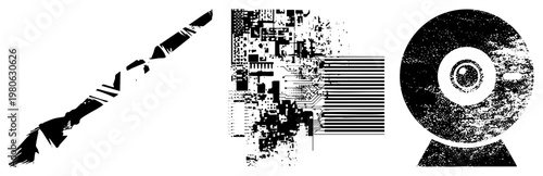 Digital tech symbols in glitch art style, circuit board, webcam vector graphic, isolated elements, tech, digital aesthetics.