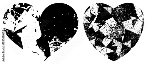 Abstract heart shapes with fragmented, distressed, and halftone graphic design elements, vector art, motifs, emotional symbols.