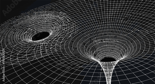 Wireframe depiction of a gravitational anomaly with two funnel-shaped black holes