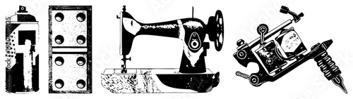 Retro sewing machine with worn texture, spray paint can with dots, tiles, tattoo machine with coils vector for creative projects, street art, or design assets.