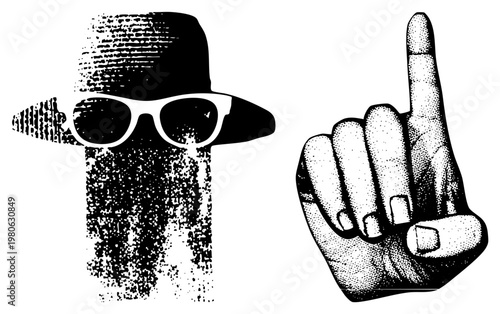 Silhouette of anonymous character wearing fedora and sunglasses, paired with hand making rude gesture, halftone style, vintage graphic design, protest, urban rebellion symbol.