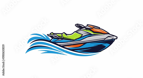 Colorful personal watercraft gliding through blue waves