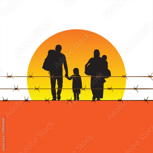 Silhouette of a refugee family with children and belongings walking behind a barbed wire fence against a sunset background, concept of migration, borders, and human rights