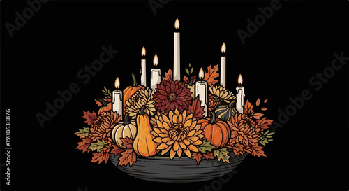 Autumnal centerpiece with lit candles, pumpkins, flowers, and leaves