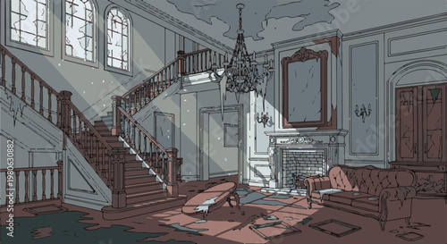 Dilapidated mansion interior with broken windows, ornate chandelier, and dusty furniture