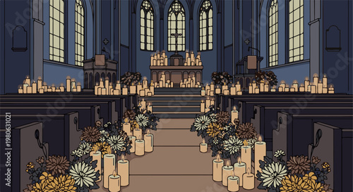 A dimly lit church interior is adorned with numerous lit candles and floral arrangements