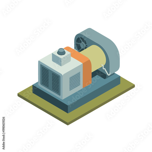 Isometric industrial generator unit, electric power production machine, factory equipment illustration, energy infrastructure poster, engineering technology vector design element
