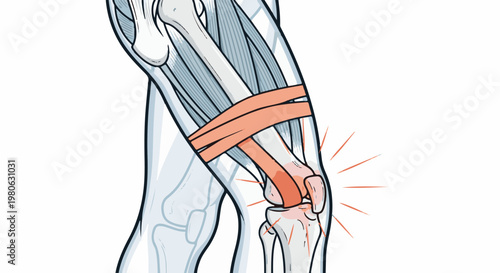 Anatomical illustration of a human knee joint with pain indicators