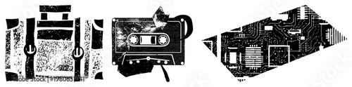 Retro cassette tape with tape spool, circuit board, digital nostalgia, tech, minimalist black and white vector design.