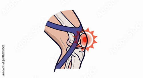 Illustration of a painful knee joint with inflammation and damaged blood vessels