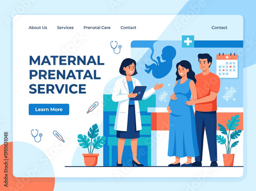 Maternal Prenatal Service Landing Page Design with Female Doctor Consulting Pregnant Couple