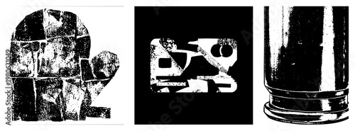 Fragmented distressed typography, halftone glitch art, industrial metal cylinder, vector glyphs, textured letterforms, stylized signage.