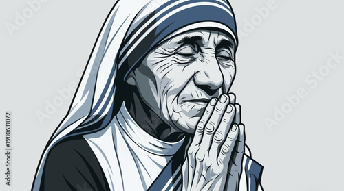 Portrait Vector Illustration of Mother Teresa Praying with Hands Joined, Iconic Minimalist Image of Saint Teresa of Calcutta Representing Peace and Compassion