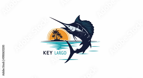 Marlin leaps from turquoise water with palm trees and sun graphic