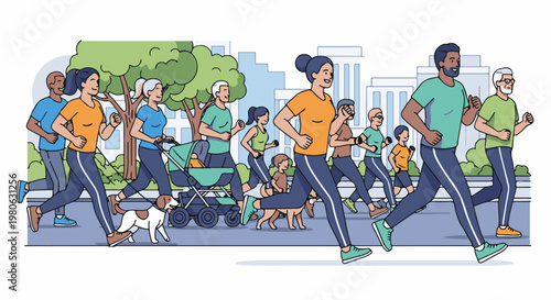 Diverse group of people of various ages running and walking in a park