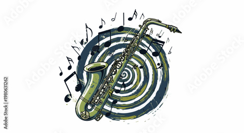 Vibrant saxophone and musical notes swirl around a hypnotic spiral