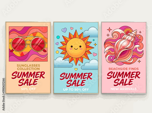 Set of Vibrant Summer Sale Posters with Sunglasses, Smiling Sun, and Seashell Illustrations for Beachside Retail Promotions