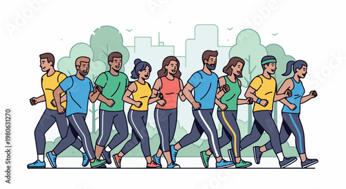 Diverse group of people running together outdoors, enjoying healthy activity