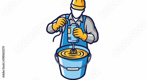 Stylized worker in hard hat mixes materials in bucket with tool