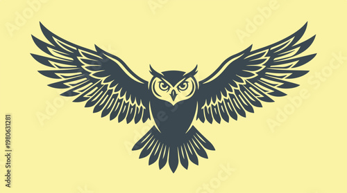 Majestic owl soaring with outstretched wings against a light background.