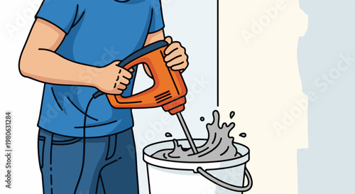 A person mixes gray substance in a bucket with a handheld mixer