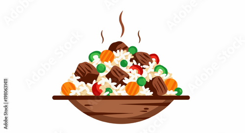 Steaming bowl of rice with meat, peas, carrots, and red peppers