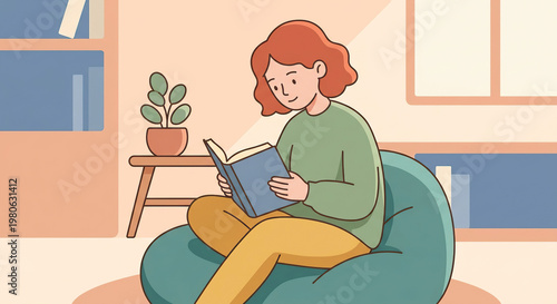 Woman Reading Book on Bean Bag Chair