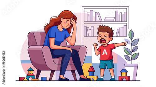 Exhausted Mother Facing a Child Tantrum at Home - Parenting Stress and Behavioral Issues Illustration