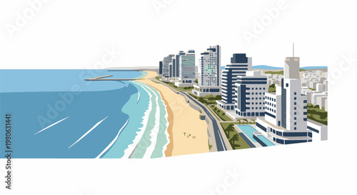 Coastal cityscape with modern buildings, sandy beach, and blue ocean waves