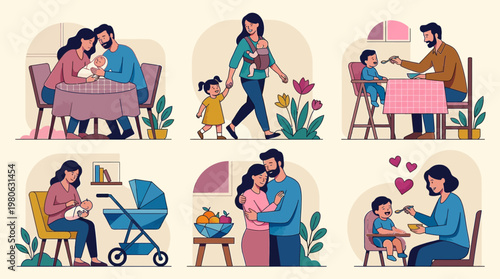Flat Vector Illustration Set of Young Parents with Newborn and Toddler in Daily Lifestyle and Parenting Scenes