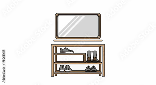 A wooden shelf unit with a mirror above, holding shoes