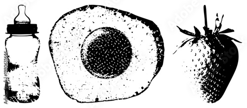 Infant feeding bottle, halved avocado with pit, ripe strawberry with stem, vector art, black and white, food and baby essentials.