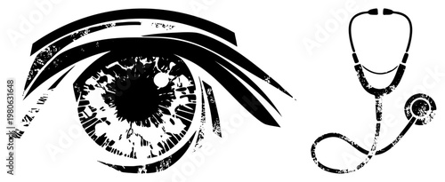 Graphic eye with textured iris and stethoscope, medical, healthcare symbols, diagnostic tools, black and white vector design.