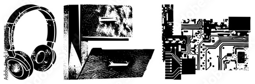 Stylized tech including headphones with distressed texture, laptop with halftone, circuit board with intricate pathways all in black and white vector art.